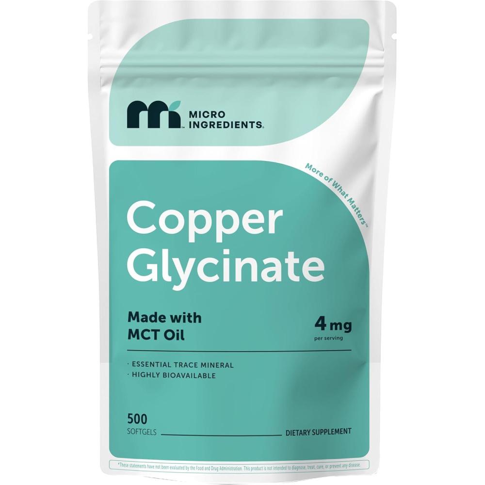 image:imageCopper Glycinate with MCT Oil 500 Softgels 4 mg Elemental Copper Per Serving Chelated Copper Mineral Supplement Essential Trace Mineral NonGMO cGMP Manufactured