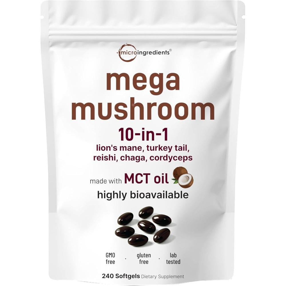 image:imageMicro Ingredients 10in1 Mega Mushroom Complex Supplement  Lions Mane Cordyceps Reishi Chaga amp More  240 Softgels with MCT Oil  4 Month Supply  Adaptogenic Functional Mushroom Blend