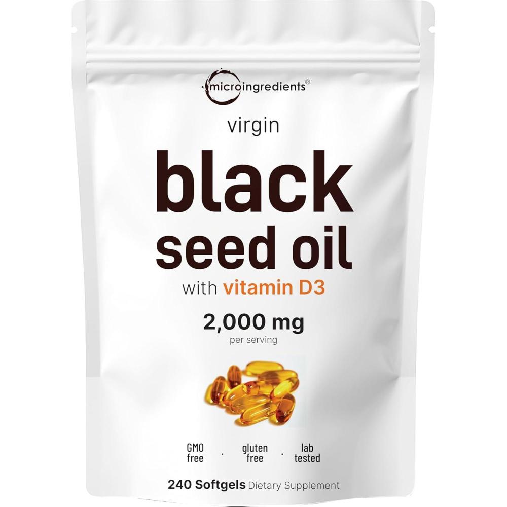 image:imageMicro Ingredients Black Seed Oil with Vitamin D3 1000 IU 240 Softgels  2000 mg Black Seed Oil Per Serving  Nigella Sativa Oil  2in1 Unrefined Seed Oil Formula  NonGMO cGMP Manufactured