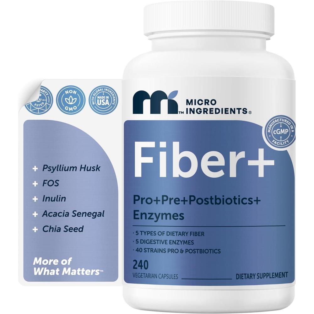 image:imageMicro Ingredients Fiber 240 Vegetarian Capsules Soluble Fiber Supplement with Psyllium Husk 5in1 with Probiotics Prebiotics Postbiotics amp Enzymes NonGMO
