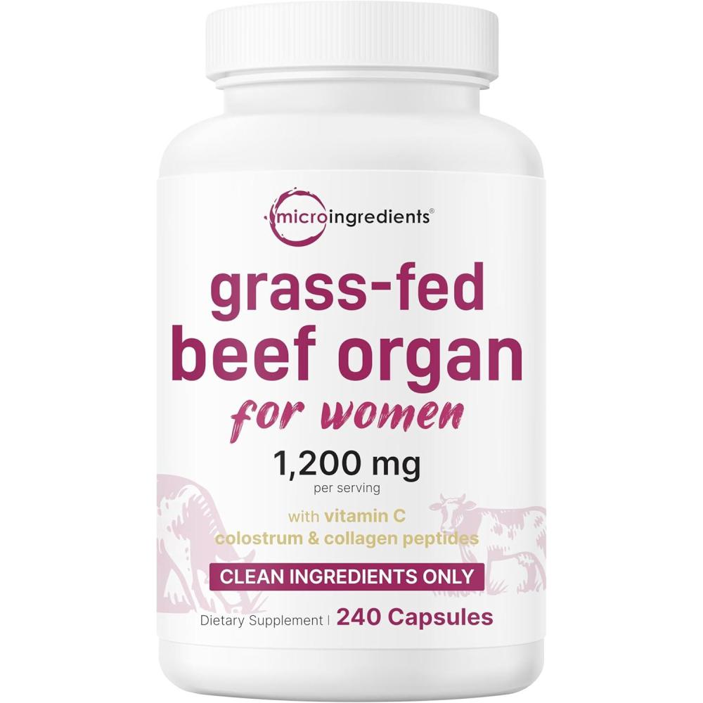 image:imageMicro Ingredients GrassFed Beef Organ Supplement for Women  Bovine Beef Liver Kidney Heart amp Uterus Tissue  1200 mg Organ Blend Plus Vitamin C Colostrum amp Collagen  240 Capsules No Fillers