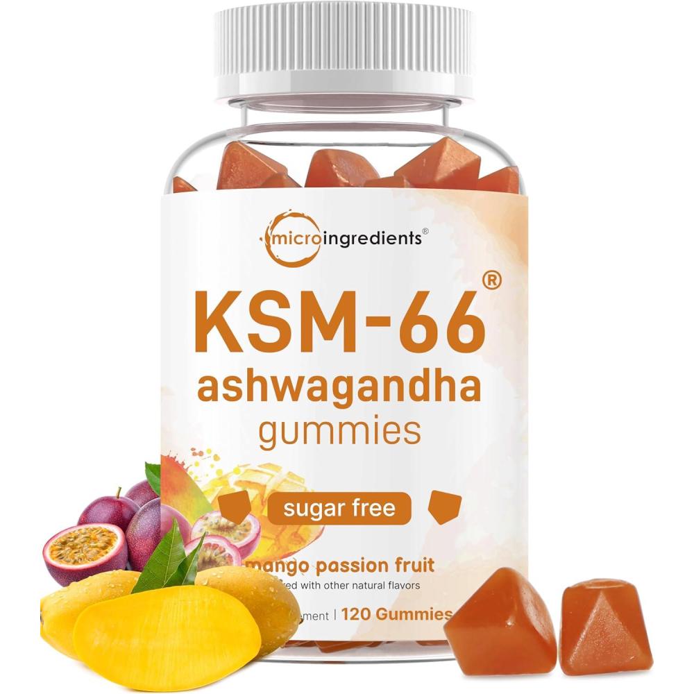 image:imageMicro Ingredients KSM66 Ashwagandha Gummies 120 Count  Sugar Free Mango Passion Fruit Flavor  Potent Root Extract  Stress Relaxation amp Sleep Support  NonGMO