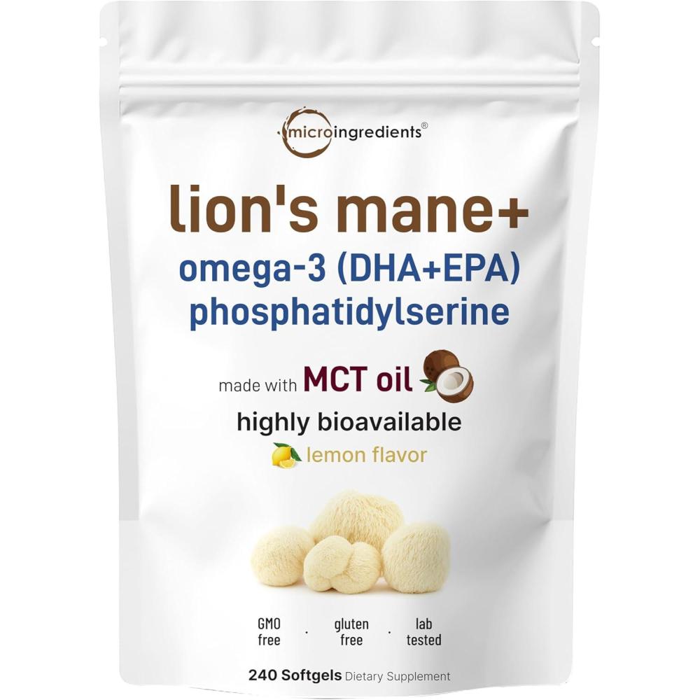 image:imageMicro Ingredients Lions Mane with Omega3 EPA DHA amp Phosphatidylserine 240 Softgels with MCT Oil for Better Absorption Fruiting Body amp Mycelium Superfood Mushroom Extract Lemon Flavored