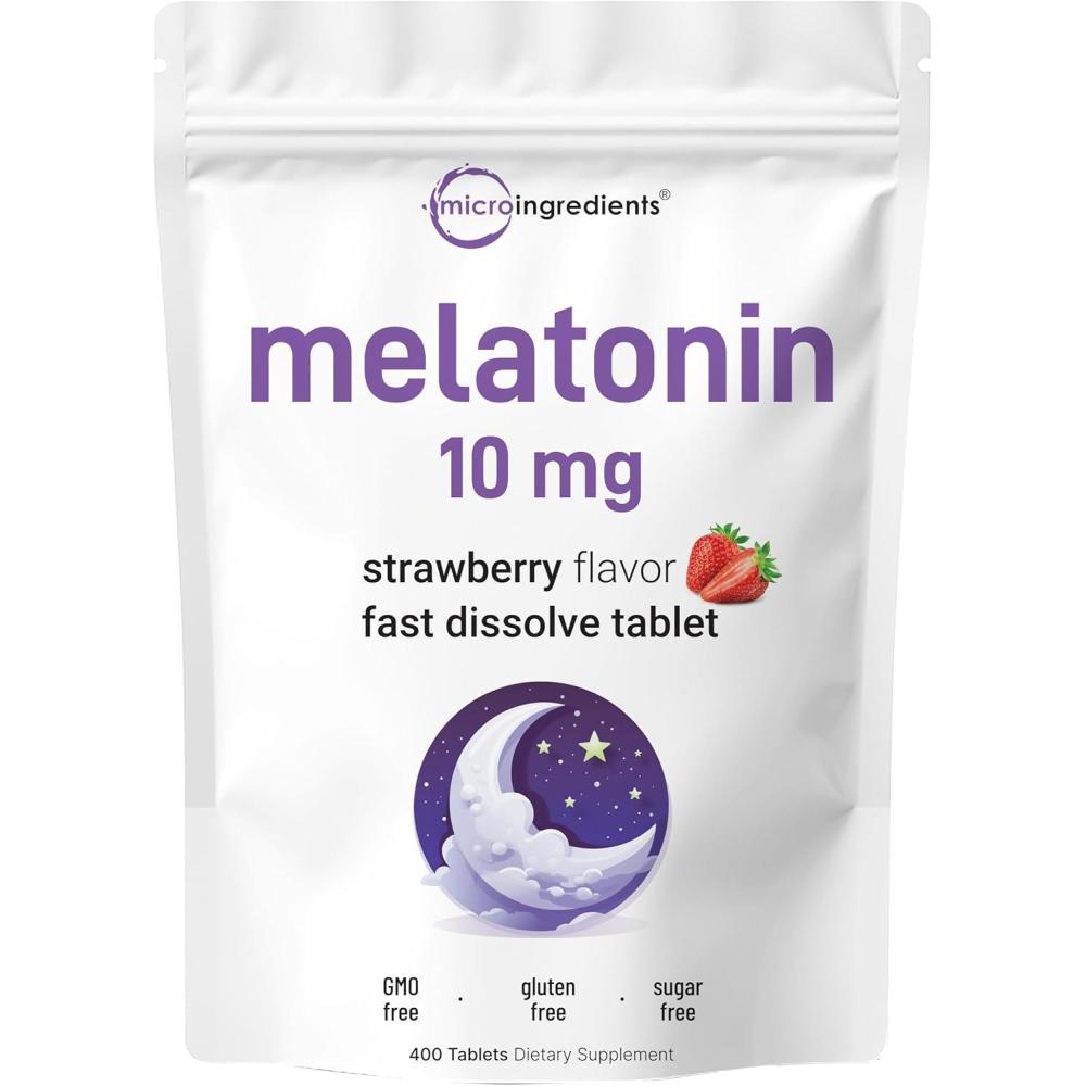 image:imageMicro Ingredients Melatonin 10mg 400 Tablets  Natural Strawberry Flavor  Fast Dissolve  No Drug  Vegetarian Friendly  NonGMO No Gluten Sugar Free