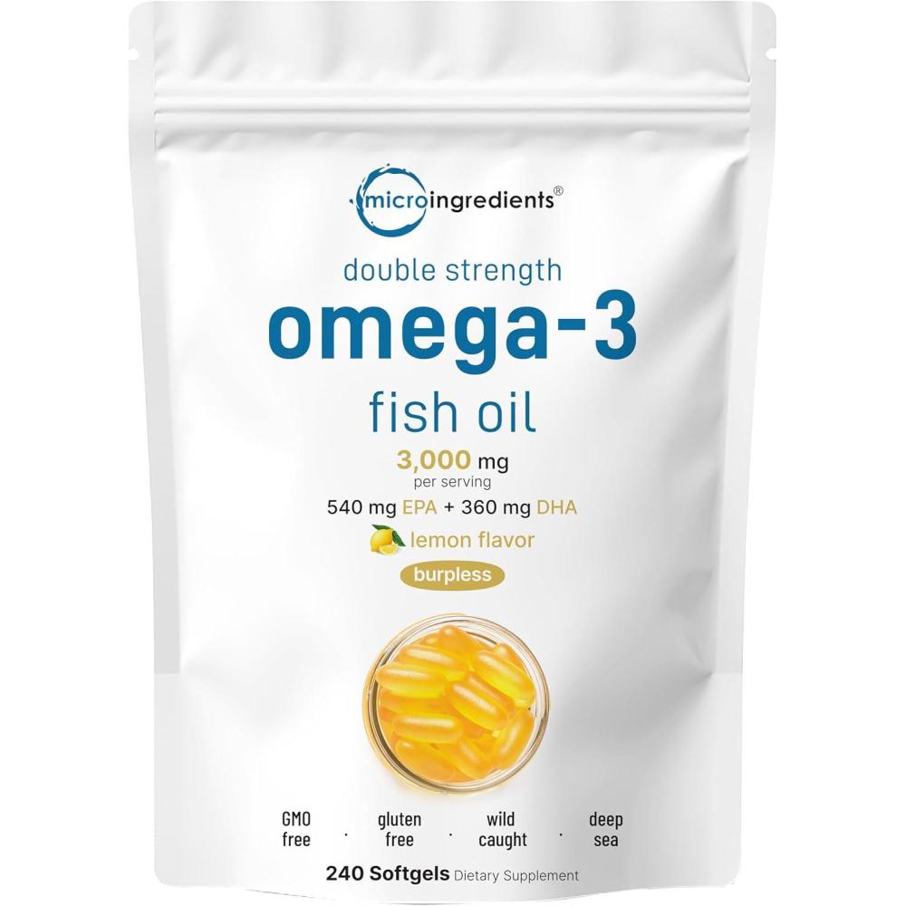 image:imageMicro Ingredients Omega 3 Fish Oil Supplements 3000mg Per Serving 240 Softgels  Lemon Flavored  Burpless  EPA 540mg  DHA 360mg  Deep Sea Fish240 Count Pack of 1