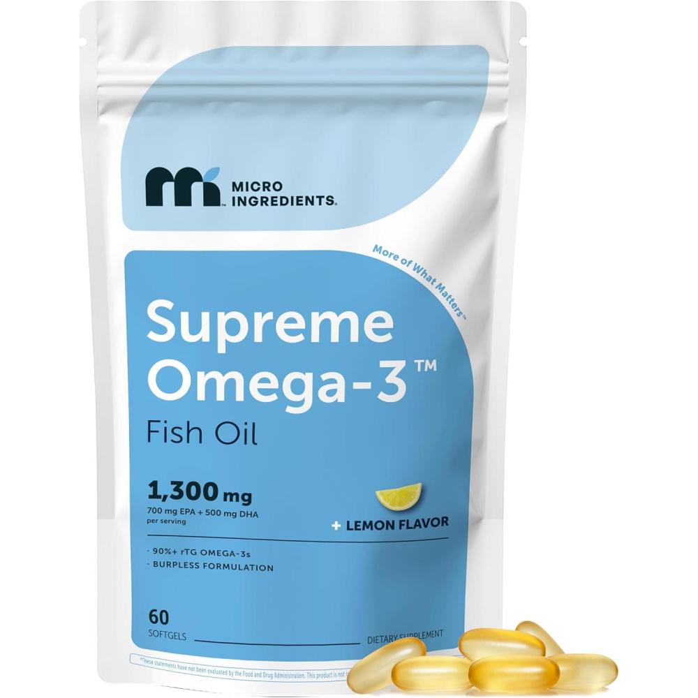 image:imageMicro Ingredients Supreme Omega3 Fish Oil wUltra High EPA amp DHA Burpless Softgels rTG Omega3 with Vitamin D3 WildCaught Cold DeepSea Fish Lemon Flavor Easy to Swallow 60ct60 Count Pack of 1