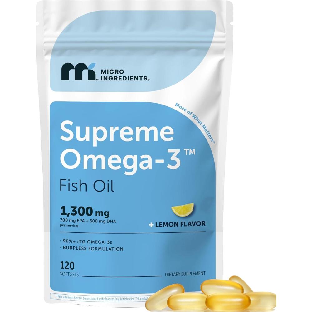 image:imageMicro Ingredients Supreme Omega3 Fish Oil wUltra High EPA amp DHA Burpless Softgels rTG Omega3 with Vitamin D3 WildCaught Cold DeepSea Fish Lemon Flavor Easy to Swallow 60ct120 Count Pack of 1