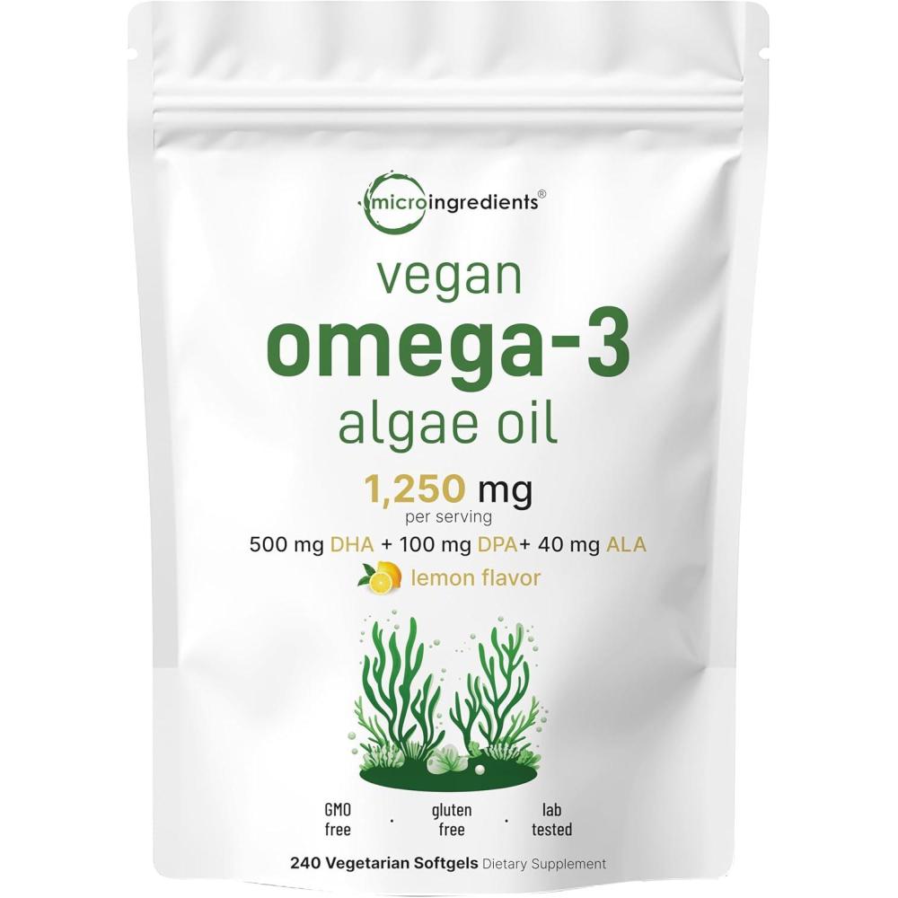 image:imageMicro Ingredients Vegan Omega 3 Algae Oil 240 Veggie Softgels  Fish Oil Alternative  DHA 500mg amp DPA 100mg  Carrageenan Free  PlantBased Omega 3 with Flaxseed amp ALA  Lemon Flavored