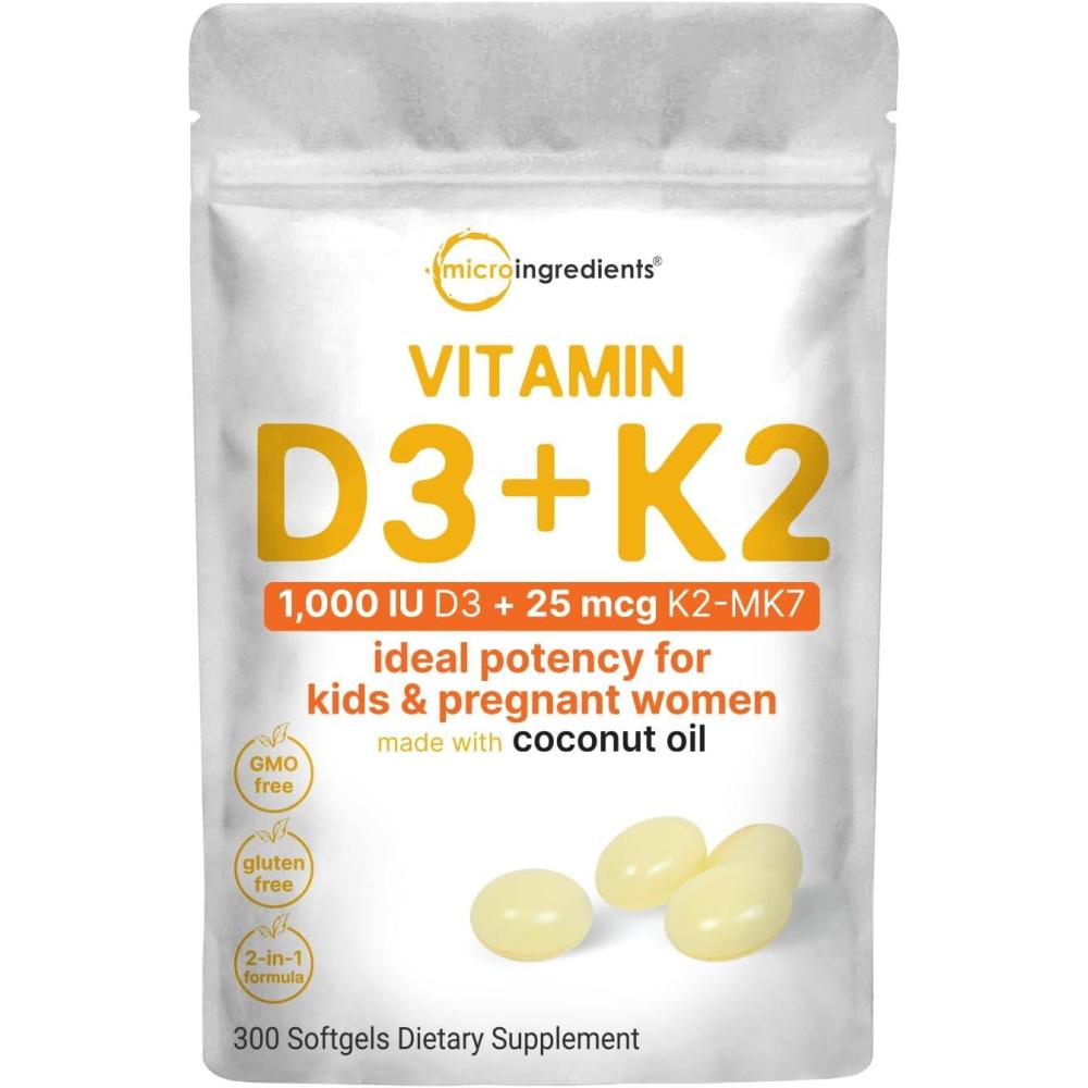 image:imageMicro Ingredients Vitamin D3 1000 IU K2 MK7 25 mcg 300 Softgels Virgin Coconut Oil 2in1 Bone Immune amp Heart Support Easy to Swallow NonGMO