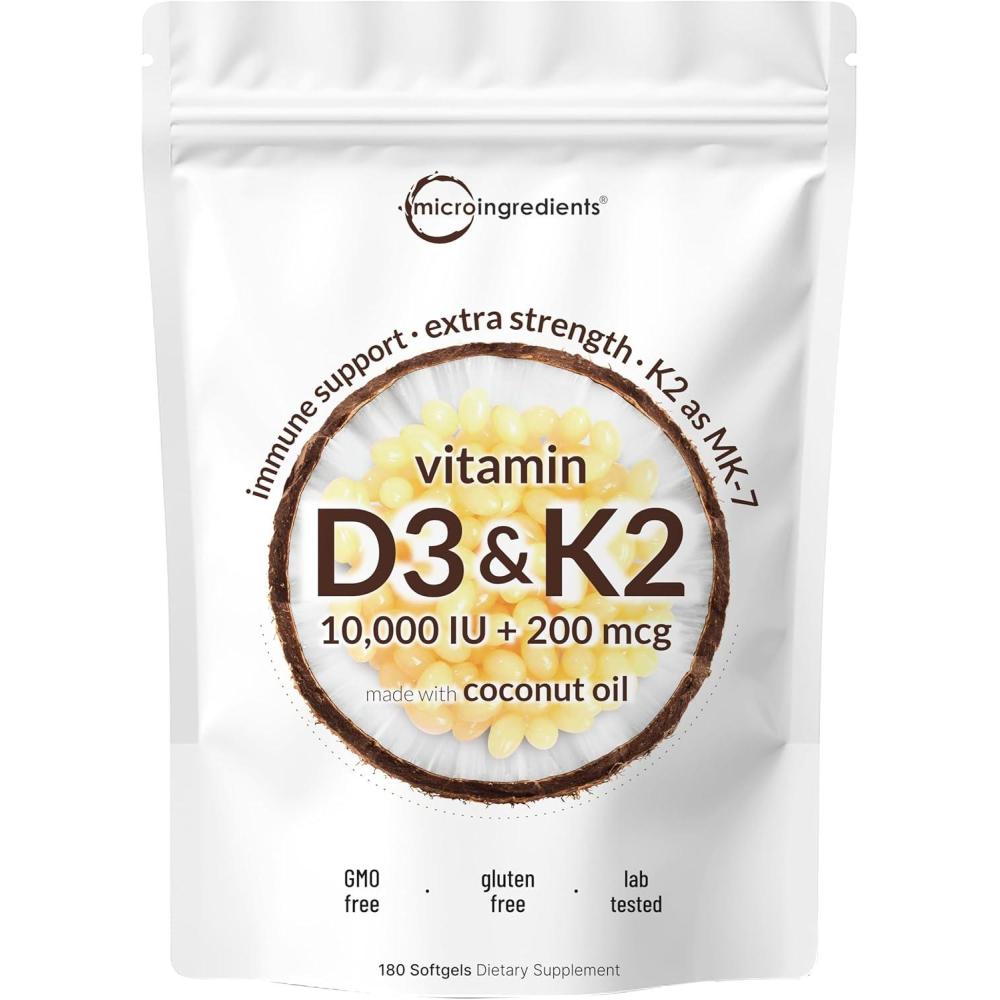 image:imageMicro Ingredients Vitamin D3 10000 IU  K2 MK7 200 mcg 180 Softgels with Virgin Coconut Oil  2in1 Vitamins D amp K Complex  Extra Strength Easy to Swallow NonGMO Gluten Free180 Count Pack of 1