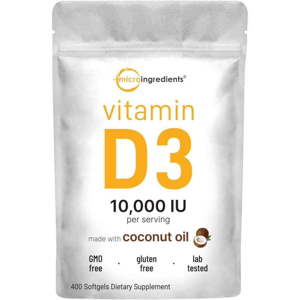 image:imageMicro Ingredients Vitamin D3 10000 IU 400 Softgels Virgin Coconut Oil Cholecalciferol Form Bone Immune amp Heart Support Easy to Swallow NonGMO