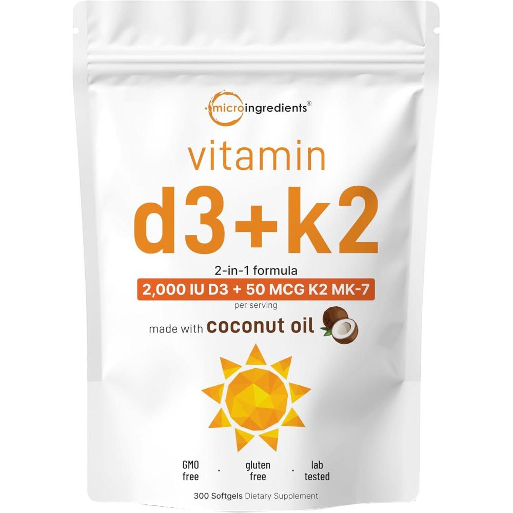 image:imageMicro Ingredients Vitamin D3 2000 IU  K2 MK7 50 mcg 300 Softgels  Made with Coconut Oil  2in1 Formula  Easy to Swallow NonGMO