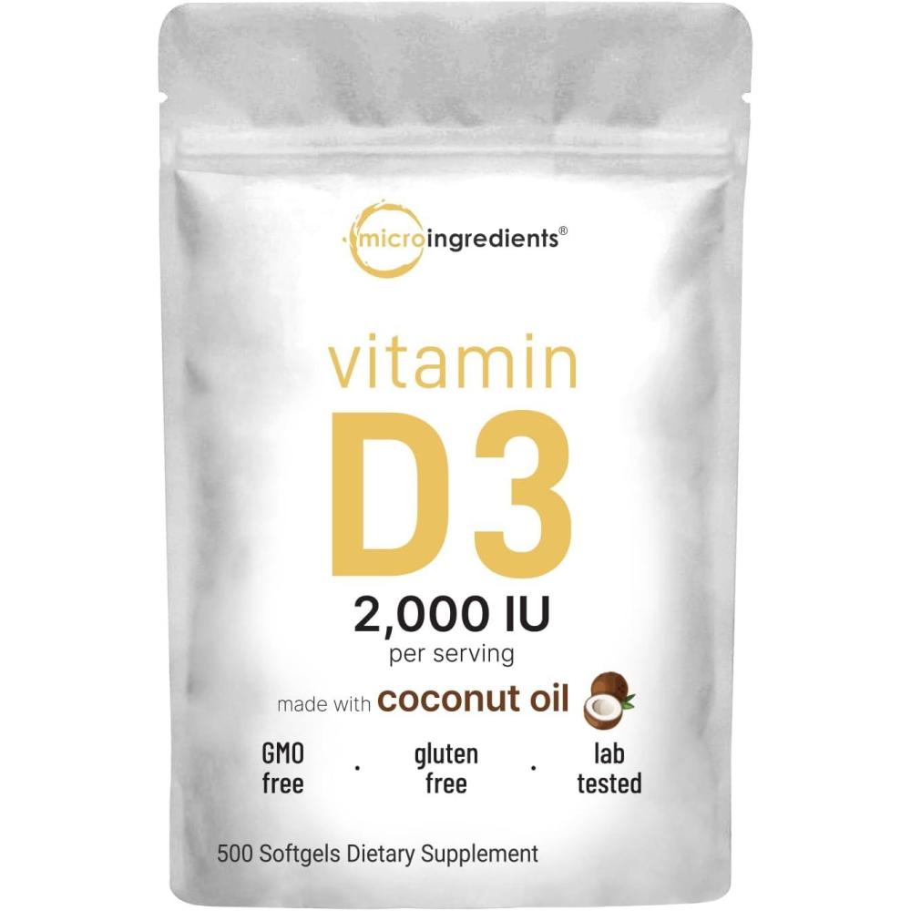 image:imageMicro Ingredients Vitamin D3 2000 IU 500 Softgels Virgin Coconut Oil Cholecalciferol Form Bone Immune amp Heart Support Easy to Swallow NonGMO