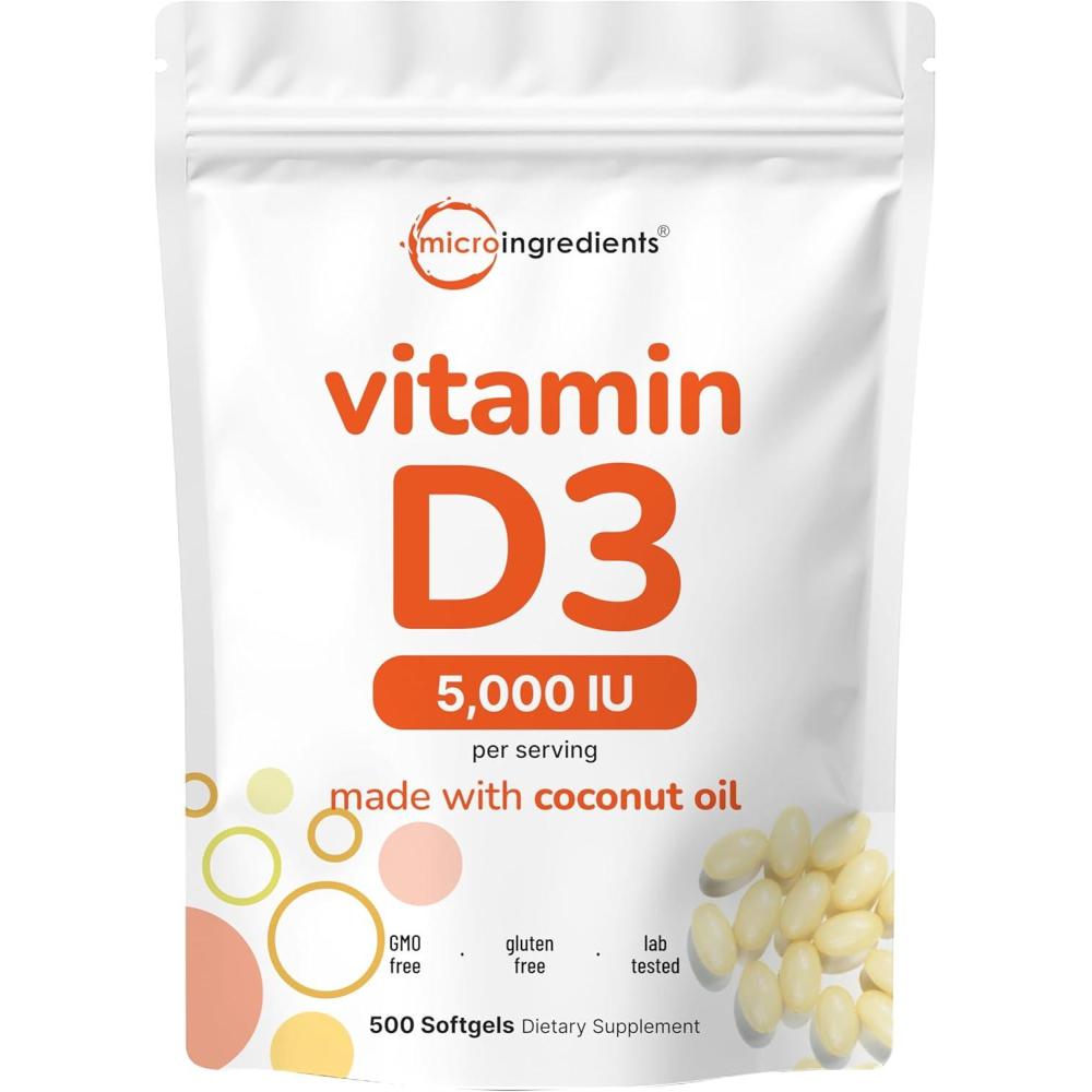 image:imageMicro Ingredients Vitamin D3 5000 IU 500 Softgels  Virgin Coconut Oil  Cholecalciferol Form  Bone Immune amp Heart Support  Easy to Swallow NonGMO