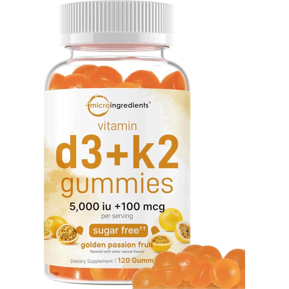image:imageMicro Ingredients Vitamin D3 K2 Gummies 120 Count 5000 IU Vitamin D 100 mcg K2 MK7 Bone Immune amp Heart Health Supplements Sugar Free Golden Passion Fruit Flavor NonGMO Gluten Free