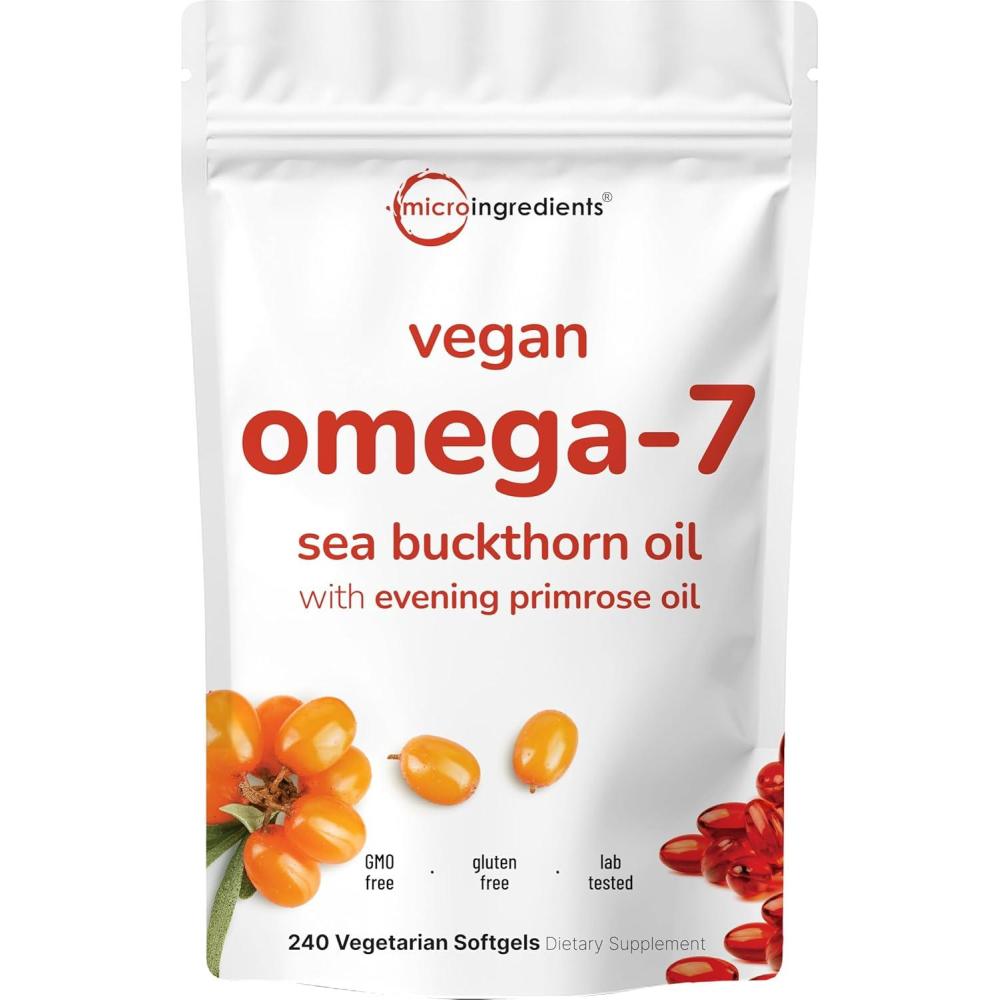 image:imageVegan Omega7 Sea Buckthorn Oil 240 Vegetarian Softgels  2in1 with Evening Primrose Oil  Plant Based Botanical Oil Blend  NonGMO Gluten amp Carrageenan Free