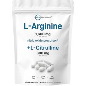 L-Arginine 1,600mg Nitric Oxide Supplement for Men with L-Citrulline, 240 Bisected Tablets | Nitric Oxide Precursor | Muscle, Energy, & Heart Support | Non-GMO, Gluten Free – 4 Month Supply