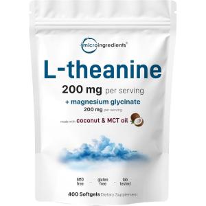 L-Theanine 200mg with Magnesium Glycinate, 400 Coconut MCT Oil Softgels | 2-in-1 Amino Acid & Mineral Complex | Gentle Care All Day & Night