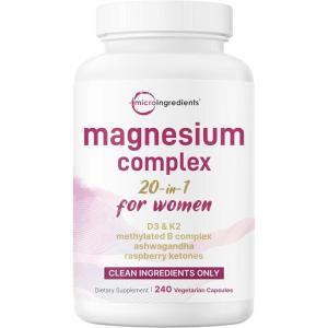 Magnesium Complex for Women, 240 Vegetarian Capsules | 20-in-1 Formula – Magnesium Blend with Vitamin D3, K2, Ashwagandha & More | Filler Free, Non-GMO
