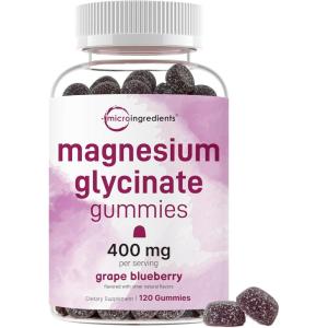 Magnesium Glycinate Gummies 400mg Per Serving, 120 Count | Natural Grape Blueberry Flavor | Potent Elemental Form + Chelated for High Absorption | Healthy Muscle, Bones, & Mood Support Supplement
