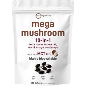 Micro Ingredients 10‑in‑1 Mega Mushroom Complex Supplement – Lions Mane, Cordyceps, Reishi, Chaga & More – 240 Softgels with MCT Oil – 4 Month Supply – Adaptogenic Functional Mushroom Blend