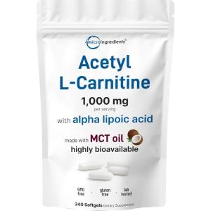 Micro Ingredients Acetyl L-Carnitine (ALCAR) 1,000 mg Per Serving, 240 Softgels | 2-in-1 Formula with Alpha Lipoic Acid | Made with MCT Oil | Non-GMO, Gluten Free