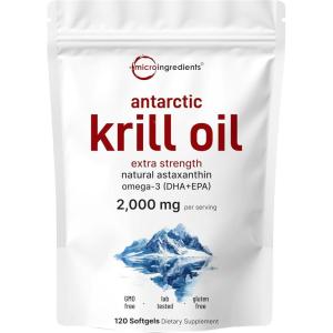 Micro Ingredients Antarctic Krill Oil Supplement, 2,000mg Per Serving, 120 Softgels, Triple Strength, Rich in Omega-3s EPA, DHA & Natural Astaxanthin, Supports Immune System & Brain Health(120 Count (Pack of 1))
