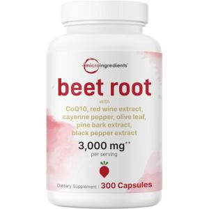 Micro Ingredients Beet Root Capsules 3,000 mg** Per Serving, 300 Capsules | Nitric Oxide Supplement | 7‑in‑1 Beet Root Complex with CoQ10, Black Pepper & Botanical Extracts | Non-GMO