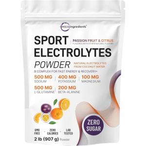 Micro Ingredients Electrolytes Powder, 2 lbs | 95 Servings | Sugar Free Workout Hydration | Potassium, Sodium, L-Glutamine, Beta-Alanine, & More | Natural Coconut Water | Passion Fruit & Citrus Flavor