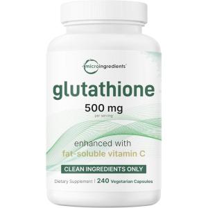 Micro Ingredients Glutathione 500mg with 100mg Vitamin C Supplement, 240 Veggie Capsules | Reduced Glutathione + Fat Soluble Ascorbyl Palmitate Complex | Non-GMO, Filler Free