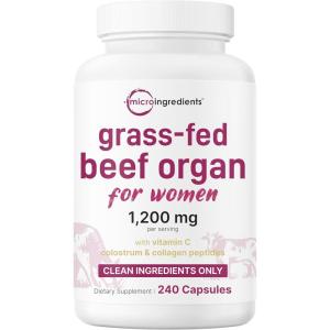 Micro Ingredients Grass‑Fed Beef Organ Supplement for Women – Bovine Beef Liver, Kidney, Heart & Uterus Tissue – 1,200 mg Organ Blend Plus Vitamin C, Colostrum & Collagen – 240 Capsules, No Fillers