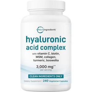 Micro Ingredients Hyaluronic Acid Complex, 240 Vegetarian Capsules | with Collagen, MSM, Vitamin C, Biotin, Turmeric & Boswellia | Non-GMO, Filler-Free, cGMP Manufactured & Lab Tested