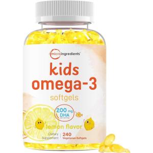 Micro Ingredients Kids Omega-3 Fish Oil, 240 Veggie Softgels | Vegan Omega 3 with 200mg DHA | Lemon Flavored | Fish Oil Alternative from Algae Oil | No Fishy Smell or Aftertaste