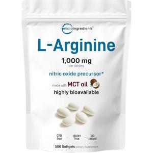 Micro Ingredients L-Arginine 1000mg with MCT Oil, 300 Softgels | Nitric Oxide Precursor* for Men & Women | Extra Strength Amino Acid Formula for Daily Wellness | Non-GMO, Gluten Free, No Soy