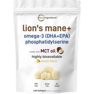 Micro Ingredients Lions Mane+ with Omega-3 EPA DHA & Phosphatidylserine – 240 Softgels with MCT Oil for Better Absorption – Fruiting Body & Mycelium Superfood Mushroom Extract – Lemon Flavored