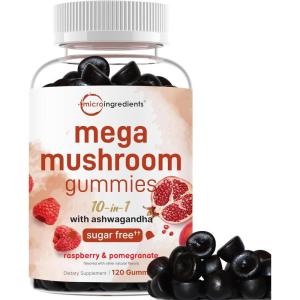 Micro Ingredients Mega Mushroom Gummies | 10-in-1 with Lions Mane, Turkey Tail, Reishi, Cordyceps, Chaga, Maitake, & Ashwagandha | Sugar-Free Raspberry Pomegranate Flavor | Non-GMO | 120 Count