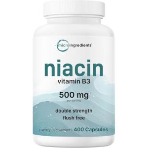 Micro Ingredients Niacin 500mg Per Serving, 400 Capsules | Flush Free B3 Vitamins | Double Strength Essential B Vitamin Supplement | Skin Care Health & Energy Support | Non-GMO, Gluten Free