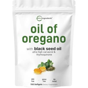 Micro Ingredients Oil of Oregano Softgels, 300 Count | 2 in 1 Formulated with Black Seed Oil | 4X Strength Carvacrol & Thymoquinone | Plant Based, Non-GMO(150 Count (Pack of 1))