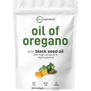 Micro Ingredients Oil of Oregano Softgels, 300 Count | 2 in 1 Formulated with Black Seed Oil | 4X Strength Carvacrol & Thymoquinone | Plant Based, Non-GMO(300 Count (Pack of 1))