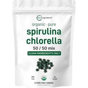Micro Ingredients Organic Spirulina Chlorella Mini Tablets, 2,500 Tablets (8 Month Supply) | 50/50 Blend Superfood | Cracked Cell Wall for Better Absorption | Rich in Vegan Protein & Chlorophyll