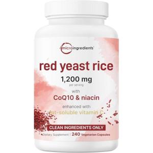 Micro Ingredients Red Yeast Rice with CoQ10 1200mg, 240 Veggie Capsules | Cholesterol Support & Heart Health Supplements* | 4-in-1 with Flush Free Niacin & Fat Soluble Vitamin C | Filler Free, Non-GMO