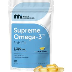 Micro Ingredients Supreme Omega-3 Fish Oil w/Ultra High EPA & DHA, Burpless Softgels | rTG Omega-3 with Vitamin D3 | Wild-Caught Cold Deep-Sea Fish | Lemon Flavor, Easy to Swallow, 60ct(120 Count (Pack of 1))