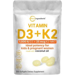 Micro Ingredients Vitamin D3 1,000 IU + K2 MK-7 25 mcg, 300 Softgels | Virgin Coconut Oil | 2-in-1 Bone, Immune & Heart Support | Easy to Swallow, Non-GMO
