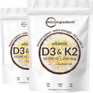 Micro Ingredients Vitamin D3 10,000 IU + K2 MK-7 200 mcg, 180 Softgels with Virgin Coconut Oil | 2-in-1 Vitamins D & K Complex | Extra Strength, Easy to Swallow, Non-GMO, Gluten Free(300 Count (Pack of 2))
