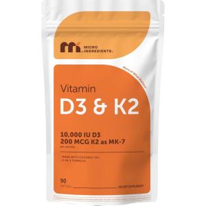 Micro Ingredients Vitamin D3 10,000 IU + K2 MK-7 200 mcg, 180 Softgels with Virgin Coconut Oil | 2-in-1 Vitamins D & K Complex | Extra Strength, Easy to Swallow, Non-GMO, Gluten Free(90 Count (Pack of 1))