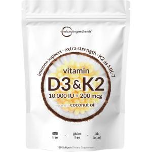 Micro Ingredients Vitamin D3 10,000 IU + K2 MK-7 200 mcg, 180 Softgels with Virgin Coconut Oil | 2-in-1 Vitamins D & K Complex | Extra Strength, Easy to Swallow, Non-GMO, Gluten Free(180 Count (Pack of 1))