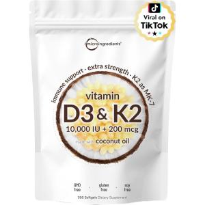 Micro Ingredients Vitamin D3 10,000 IU + K2 MK-7 200 mcg, 180 Softgels with Virgin Coconut Oil | 2-in-1 Vitamins D & K Complex | Extra Strength, Easy to Swallow, Non-GMO, Gluten Free(300 Count (Pack of 1))