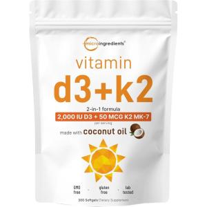 Micro Ingredients Vitamin D3 2,000 IU + K2 MK-7 50 mcg, 300 Softgels | Made with Coconut Oil | 2-in-1 Formula | Easy to Swallow, Non-GMO