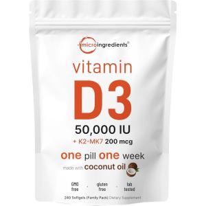 Micro Ingredients Vitamin D3 50,000 IU + K2 MK-7 200 mcg, 240 Softgels | Virgin Coconut Oil | 2-in-1 Support | Easy to Swallow, Non-GMO