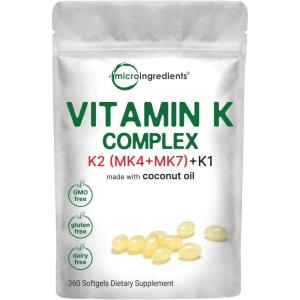 Super Vitamin K Complex (K2 MK7 + MK4 & K1), 360 Coconut Oil Softgles | Easily Absorbed K Vitamins, Active Menaquinone Complex | Non-GMO
